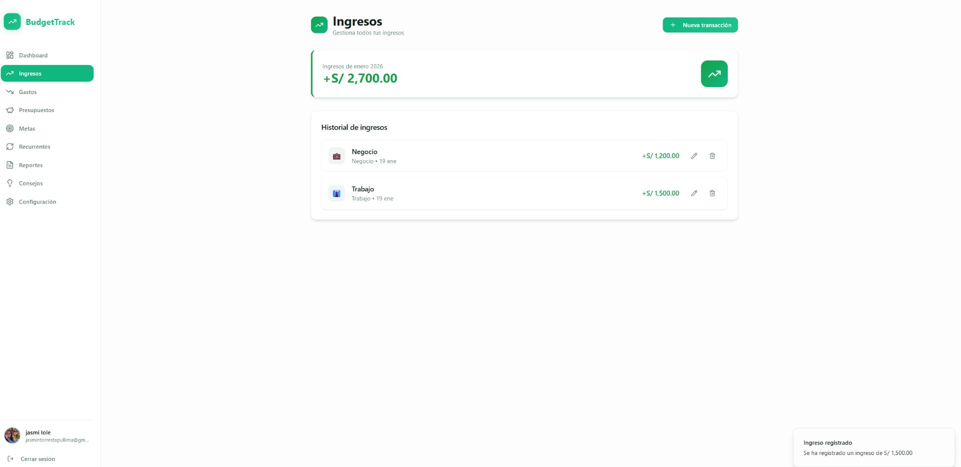 BudgetTrack - Ingresos